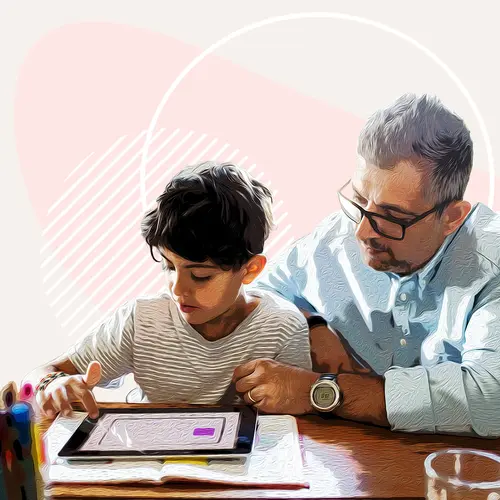 photo of man with child over tablet